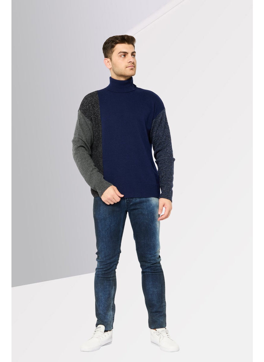 Men High Neck Long Sleeve Textured Sweater, Navy Combo