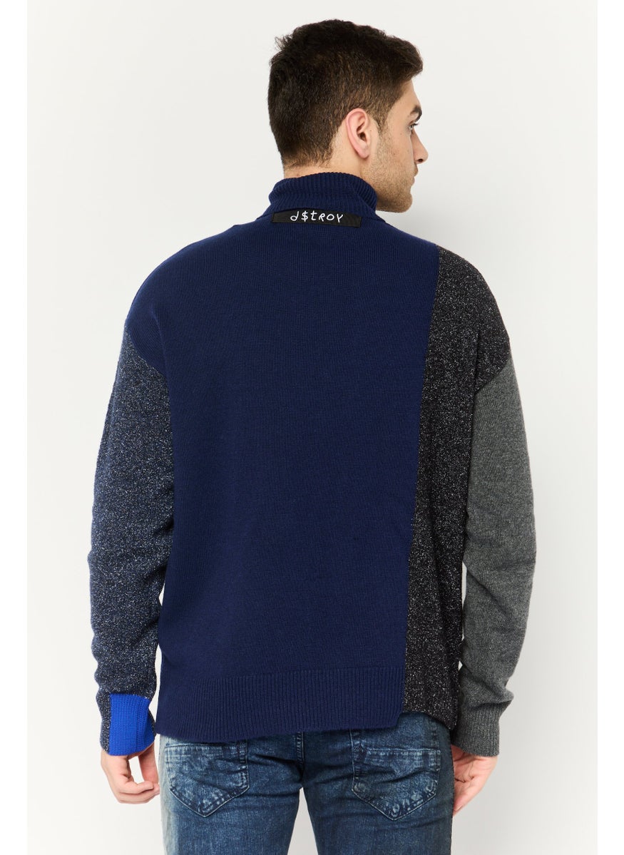 Men High Neck Long Sleeve Textured Sweater, Navy Combo