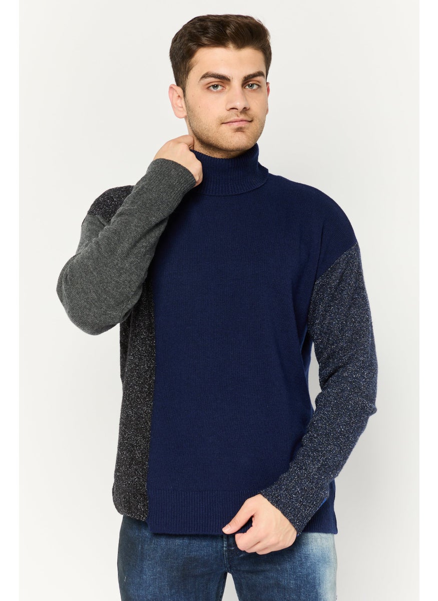 Men High Neck Long Sleeve Textured Sweater, Navy Combo