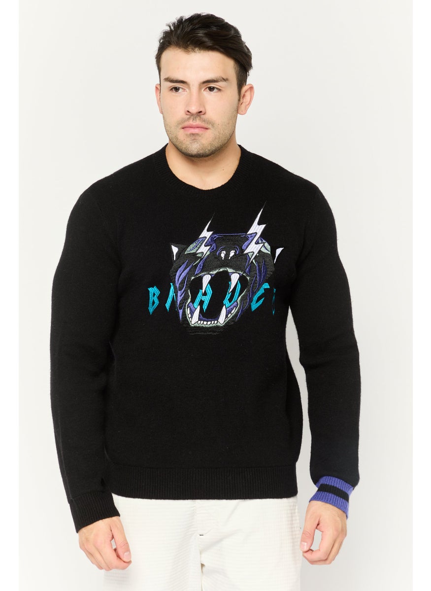 Men  Crew Neck Long Sleeve Printed Sweater, Black