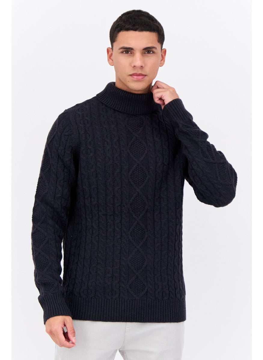 Men Turtle Neck Long Sleeves Cable Knit Sweater, Navy