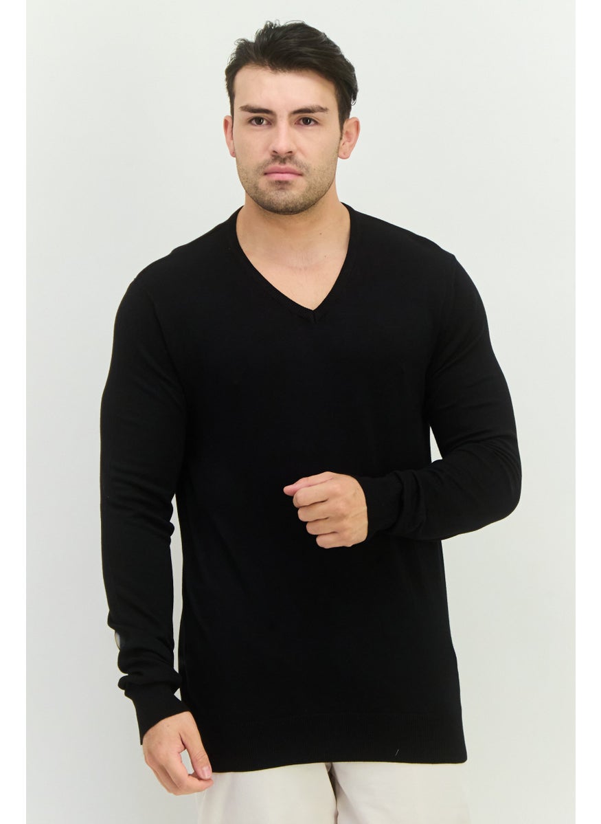 Men V-Neck Knitted Sweater, Black