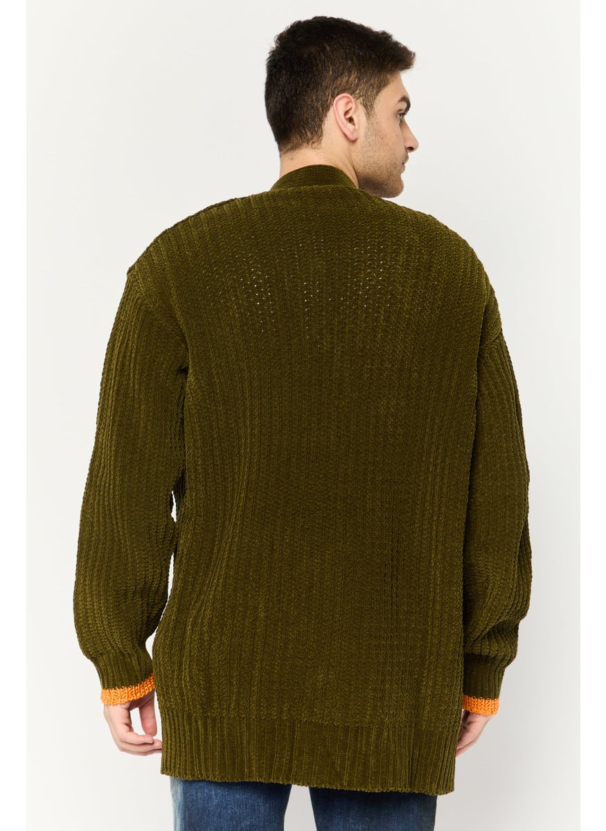 Men V-Neck Textured Cardigan, Dark Olive