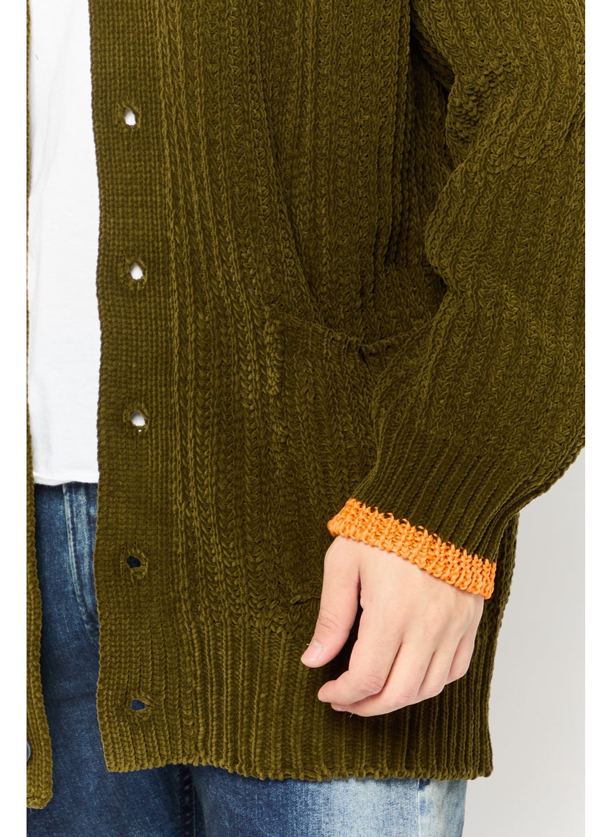 Men V-Neck Textured Cardigan, Dark Olive