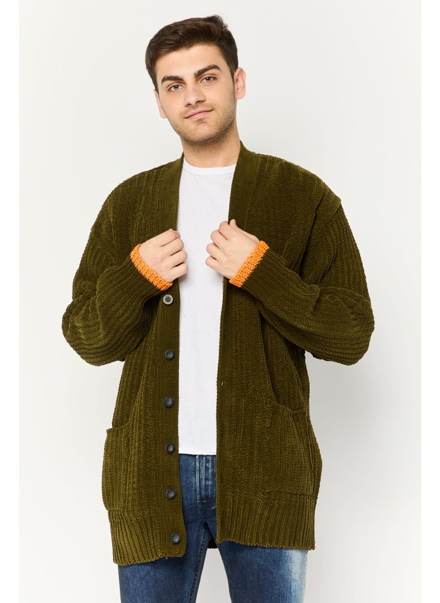 Men V-Neck Textured Cardigan, Dark Olive