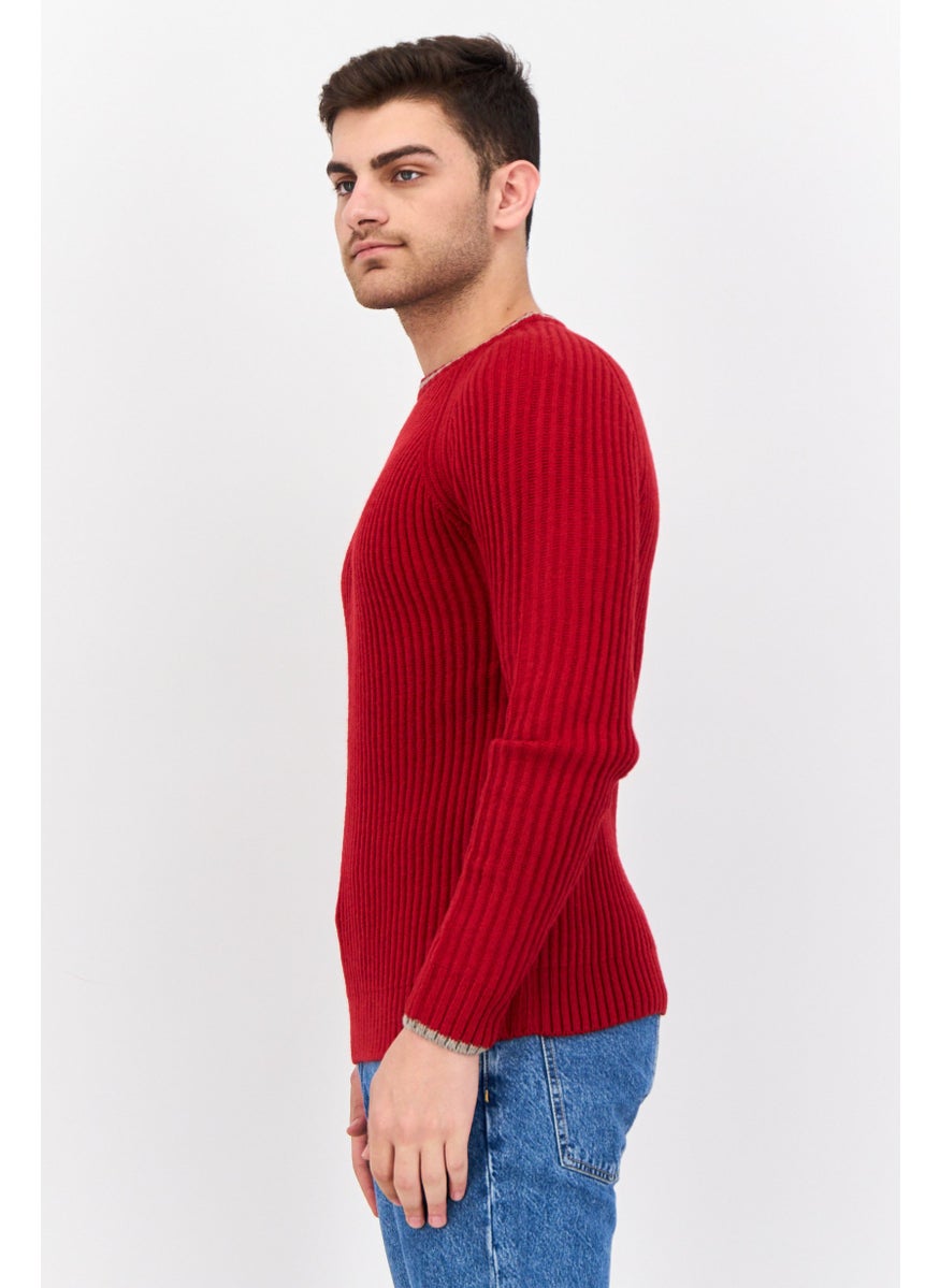 Men Crew Neck Knitted Sweater, Red