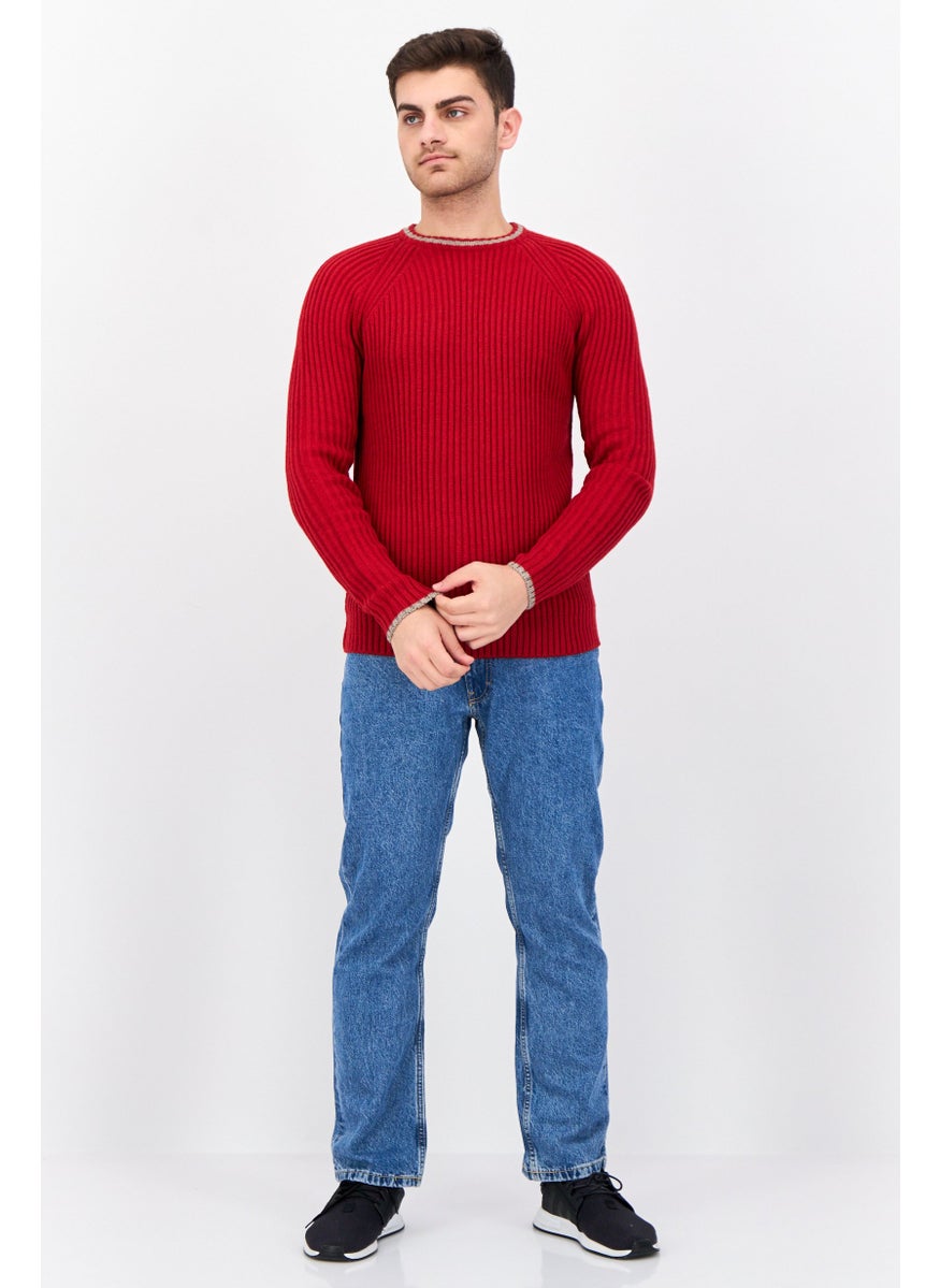 Men Crew Neck Knitted Sweater, Red