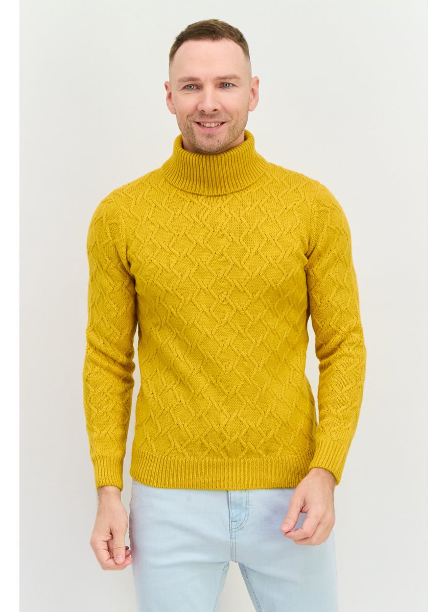 Men Funnel Neck Pointelle Sweater, Yellow