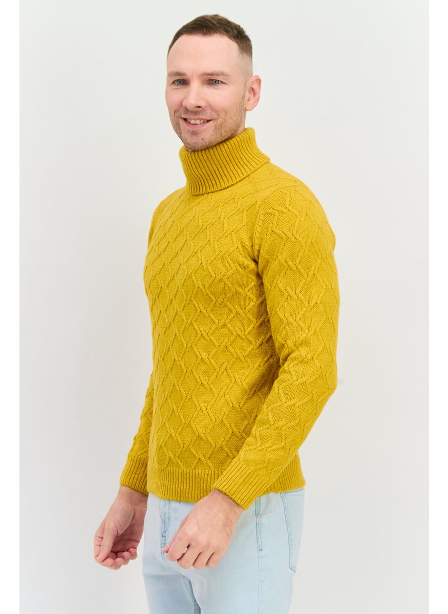 Men Funnel Neck Pointelle Sweater, Yellow