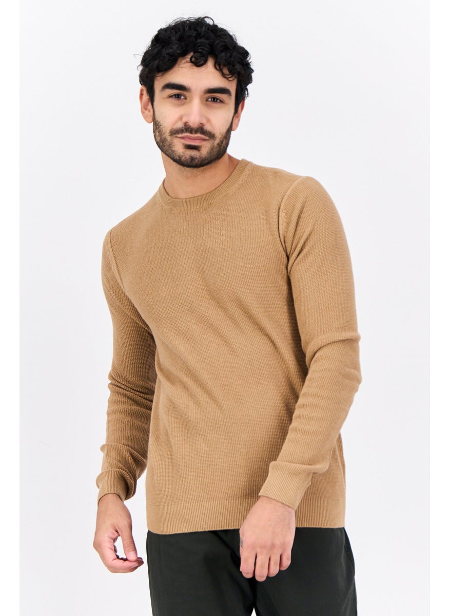 Men Crew Neck Knitted Long Sleeves Sweater, Tan