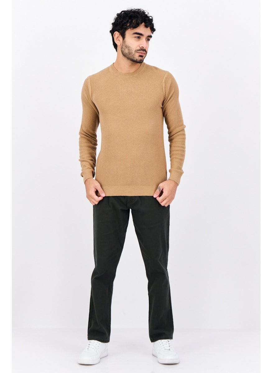 Men Crew Neck Knitted Long Sleeves Sweater, Tan