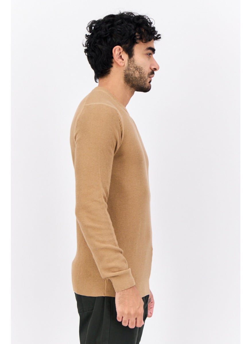 Men Crew Neck Knitted Long Sleeves Sweater, Tan