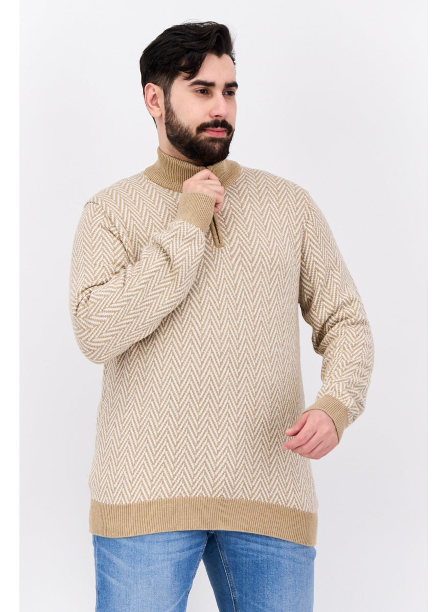 Men Mock Neck Long Sleeves Herringbone Pattern Sweater, Tan