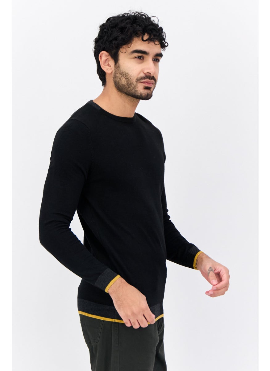 Men Crew Neck Long Sleeve Textured Sweater, Black