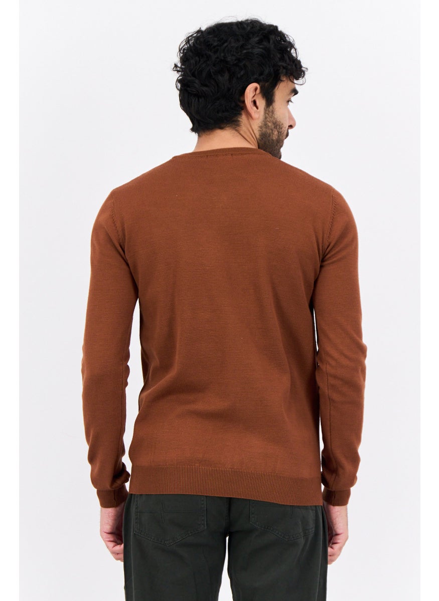 Men V Neck Knitted Sweater, Choco Brown