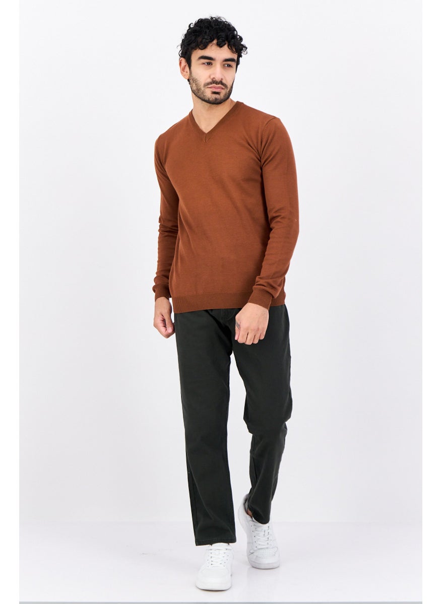Men V Neck Knitted Sweater, Choco Brown