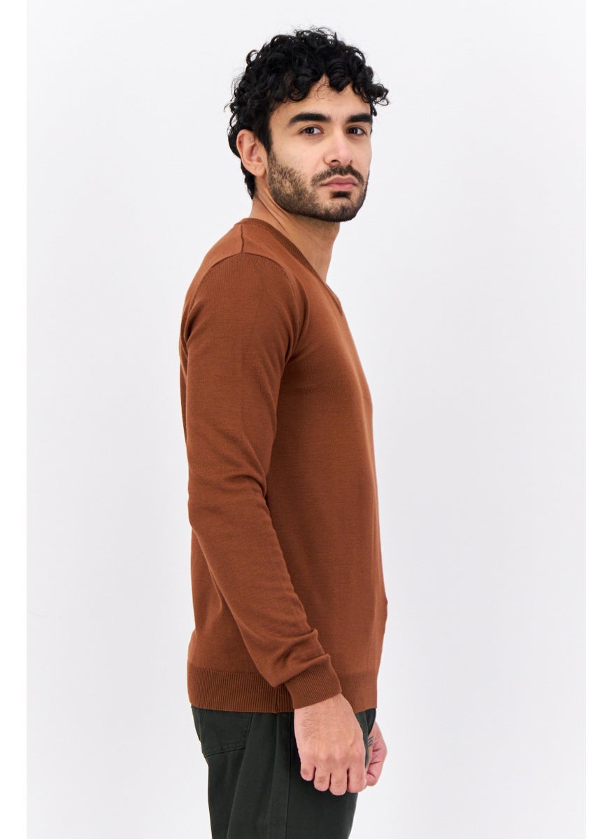 Men V Neck Knitted Sweater, Choco Brown