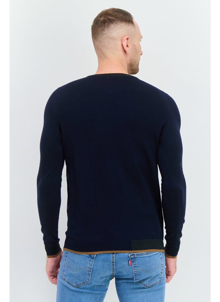 Men Round Neck Long Sleeves Textured Sweater, Navy