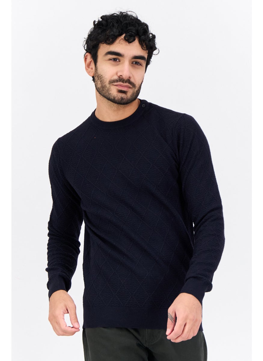 Men Crew Neck Textured Sweater, Navy