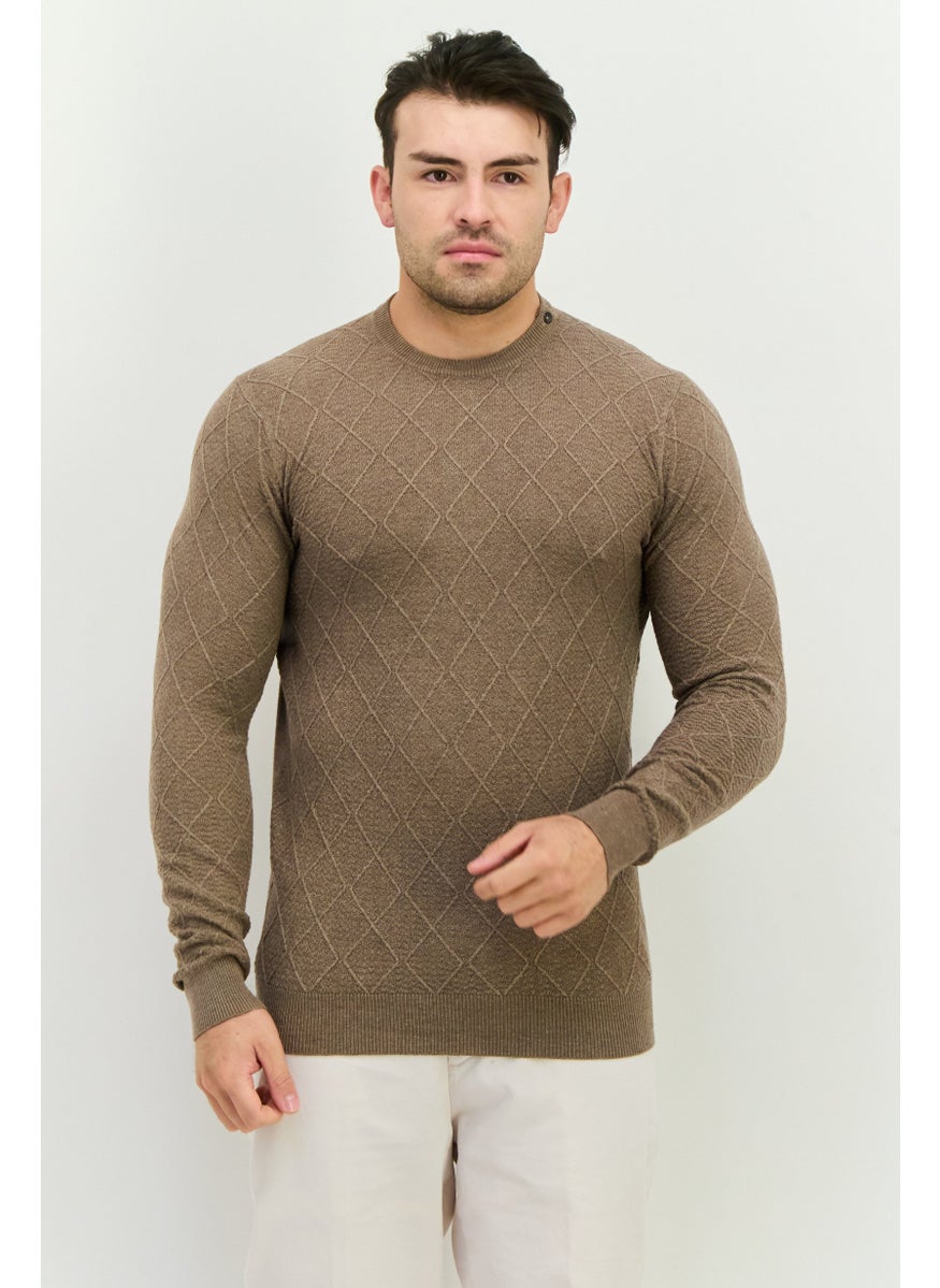 Men Crew Neck Textured Sweater, Pale Brown