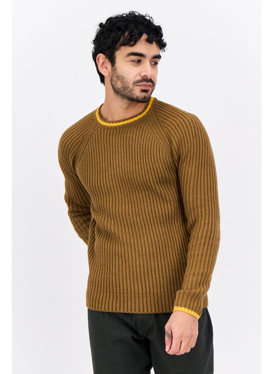 Men Crew Neck Knitted Sweater, Brown