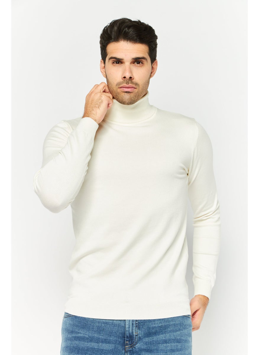 Men Turtle Neck Long Sleeve Plain Sweater, White