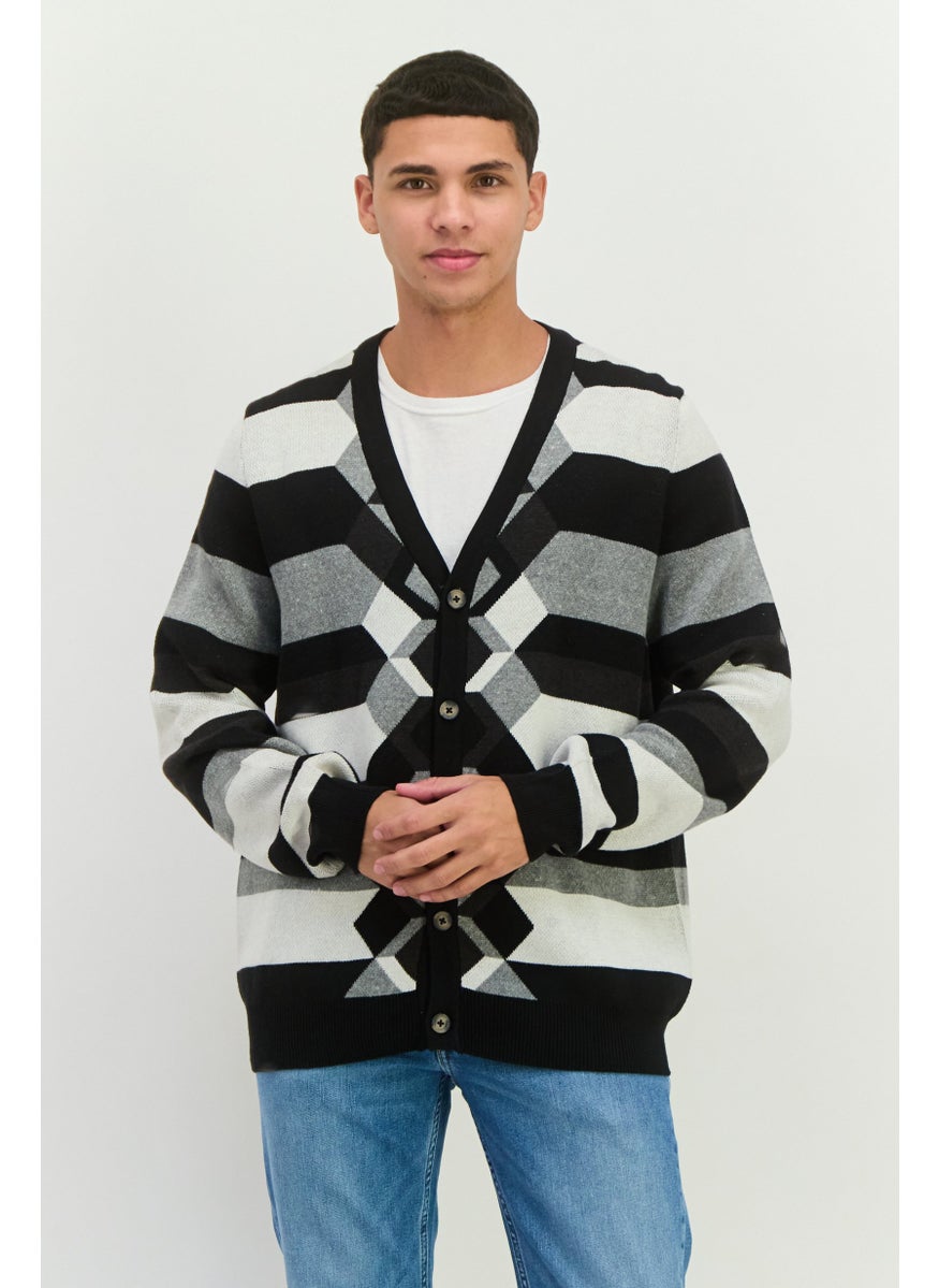 Men V-Neck Long Sleeves Striped Cardigan, Black