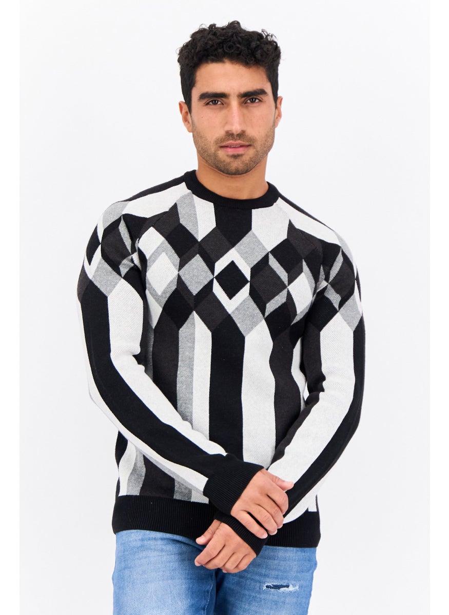 Men Crew Neck Long Sleeves Diamond Pattern Sweater, Black