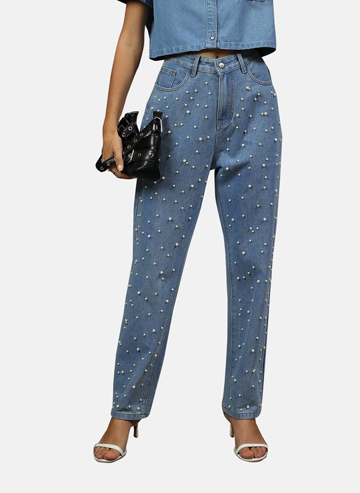 Blue Classic Fit Mid Rise Embellished Jeans