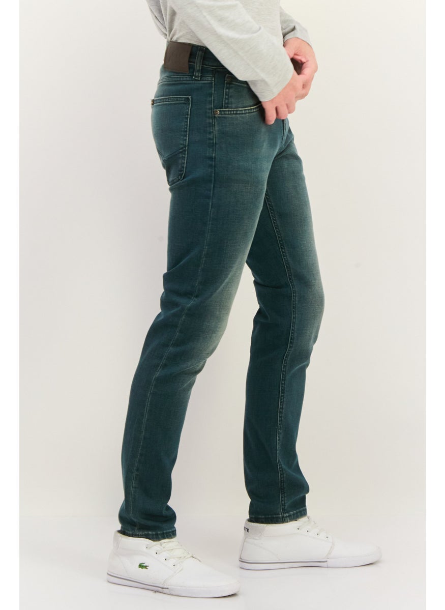 Men Slim Fit Washed Stretchable Tapered Jeans, Washed Blue