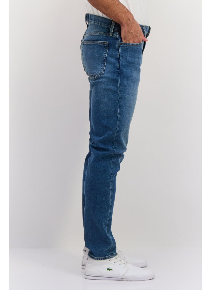 Men Straight Taper Fit Washed Stretchable Denim, Blue