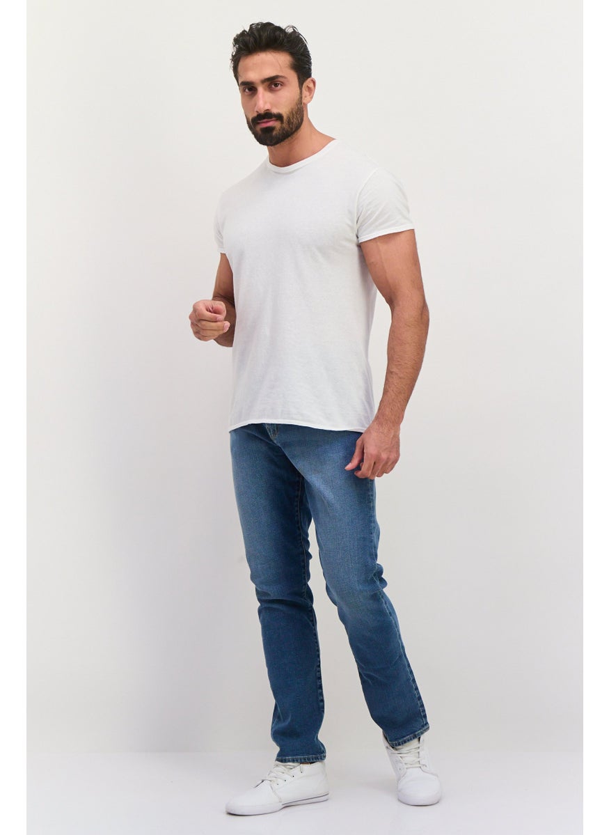 Men Straight Taper Fit Washed Stretchable Denim, Blue