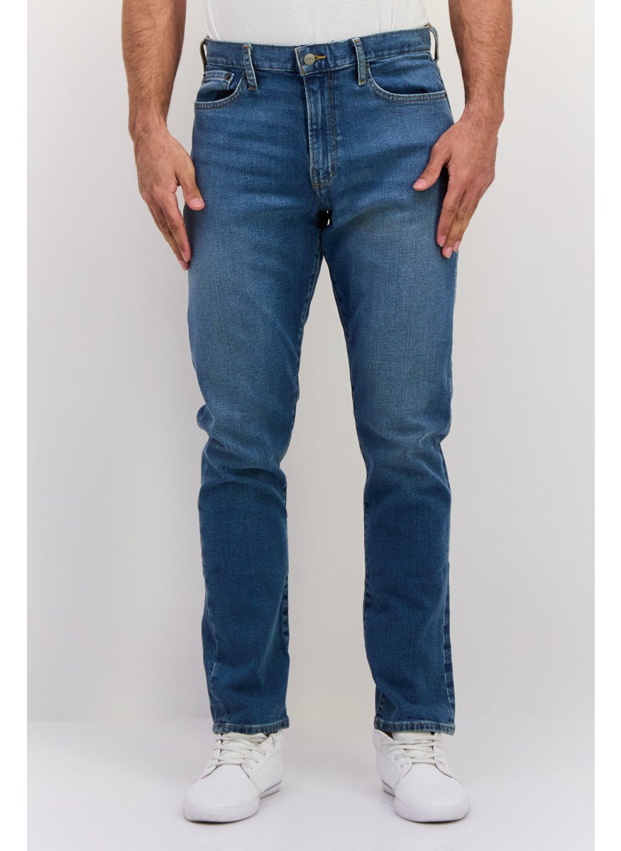 Men Straight Taper Fit Washed Stretchable Denim, Blue