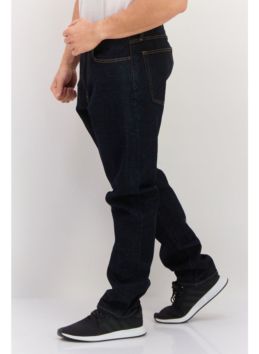 Men Straight Taper Fit Washed Stretchable Denim, Navy