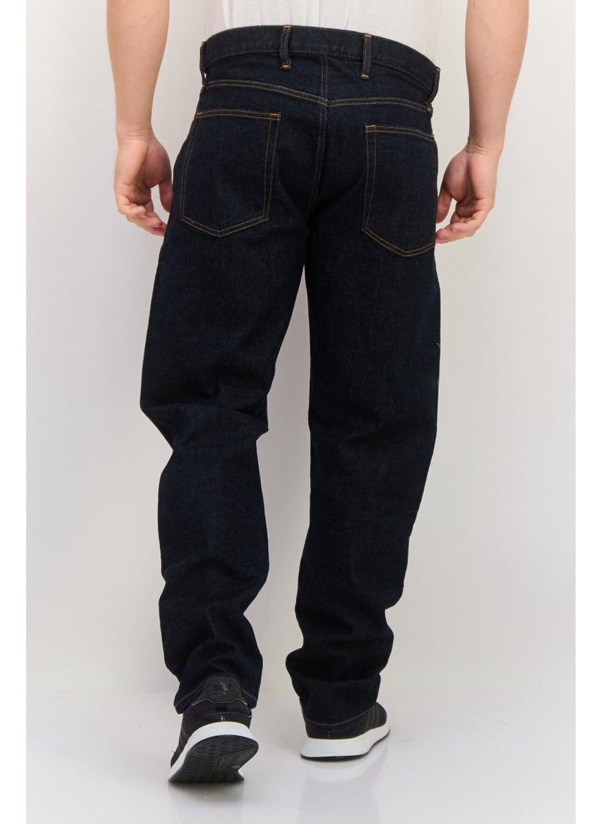 Men Straight Taper Fit Washed Stretchable Denim, Navy