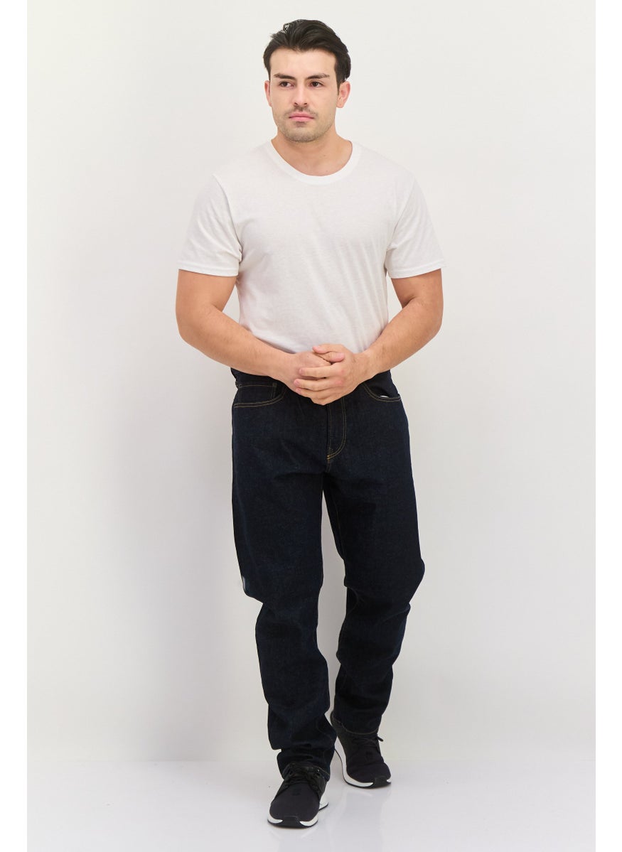 Men Straight Taper Fit Washed Stretchable Denim, Navy