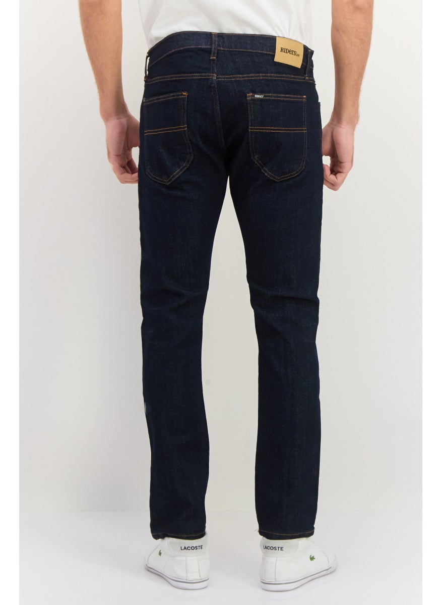 Men Slim Fit Washed Stretchable Tapered Denim, Navy