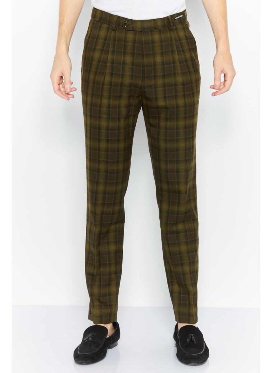 Men Plaid Stretchable Slim Pants, Army Green Combo