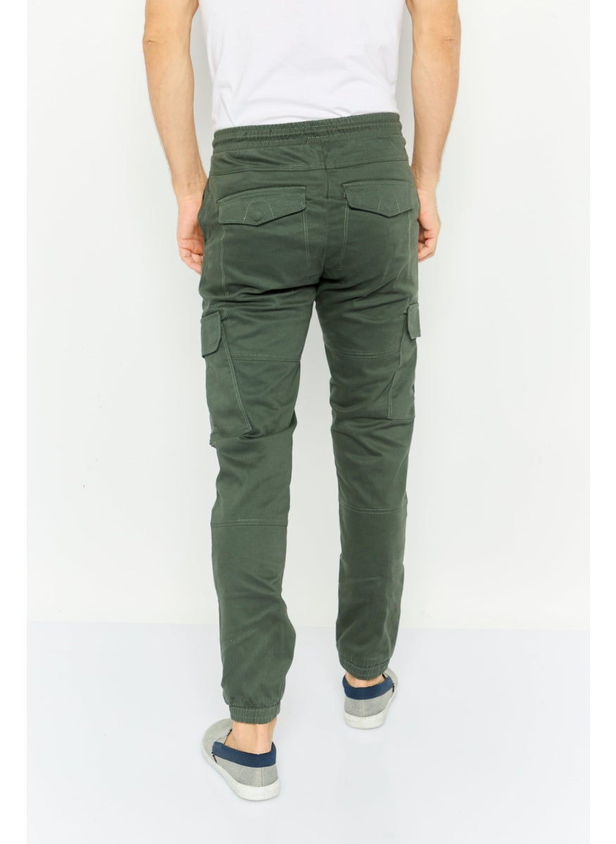 Men Stretch Fit Solid Cargo Pants, Dark Green