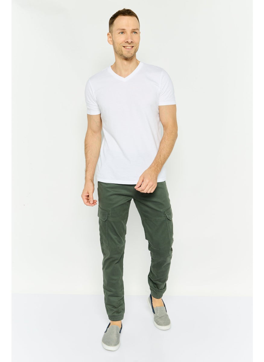 Men Stretch Fit Solid Cargo Pants, Dark Green