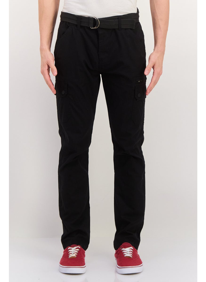 Men Regular Fit Solid Cargo Pants, Black