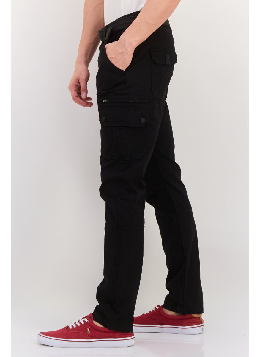 Men Regular Fit Solid Cargo Pants, Black