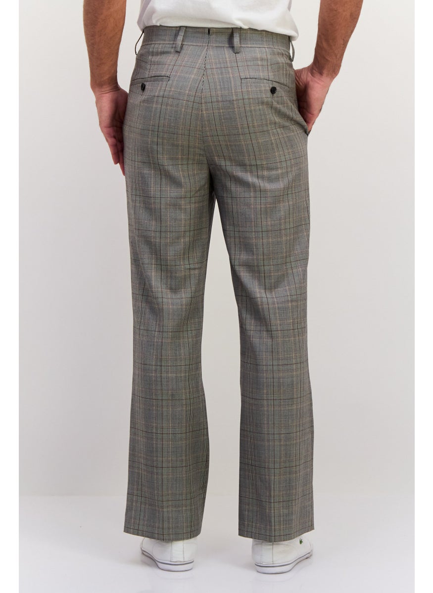 Men Regular Fit Checkered Dress Pants, Grey Combo