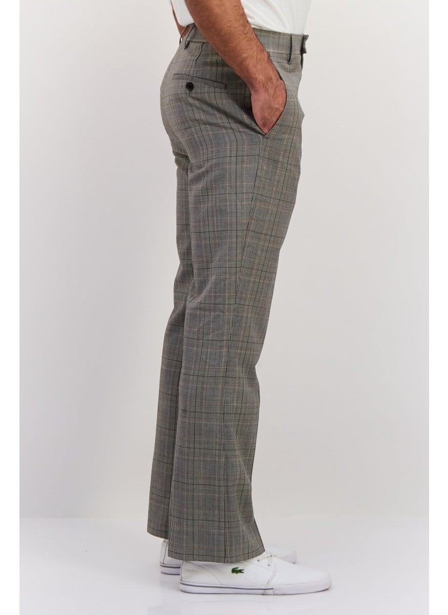 Men Regular Fit Checkered Dress Pants, Grey Combo