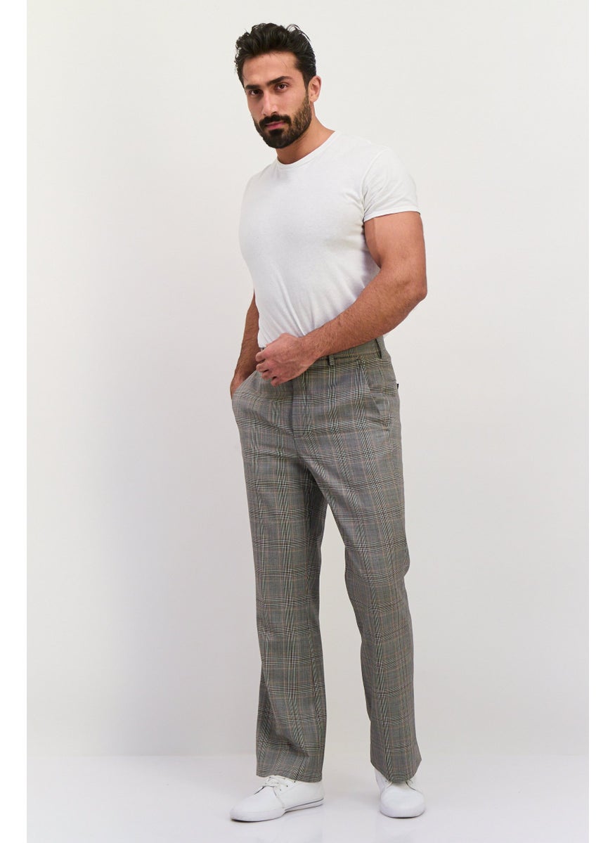 Men Regular Fit Checkered Dress Pants, Grey Combo