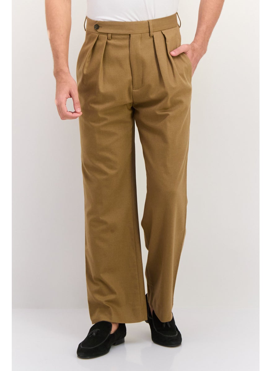 Men Regular FIt Plain Wide Leg Flannel Suit Pants, Warm Khaki