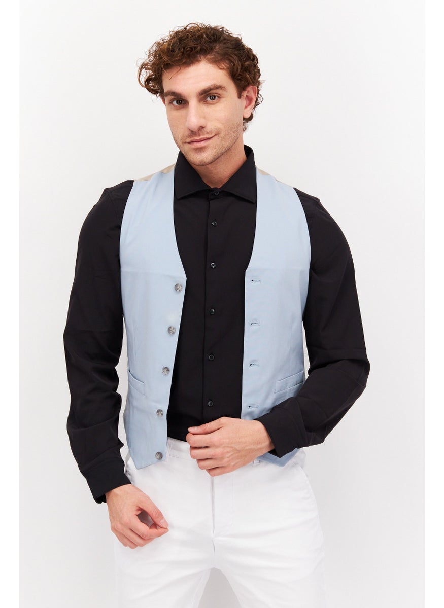 Men V Neck Sleeveless Plain Vest Suit, Icy Blue