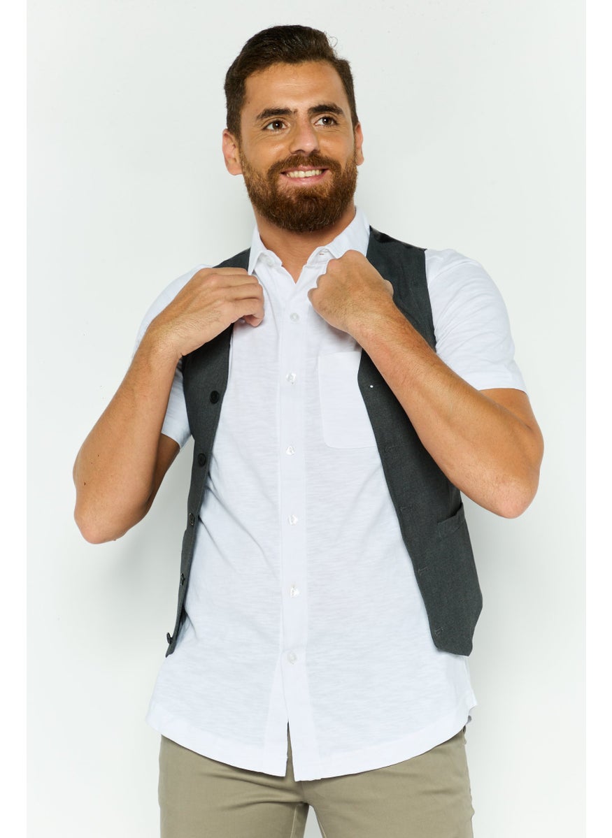 Men Slim Fit Plain Sleeveless Waistcoat, Charcoal