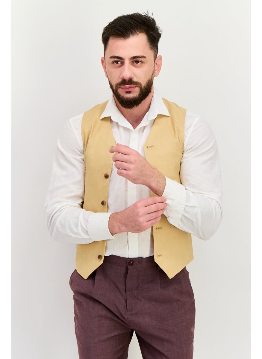 Men Regular Fit Solid Semi-Formal Vest, Beige