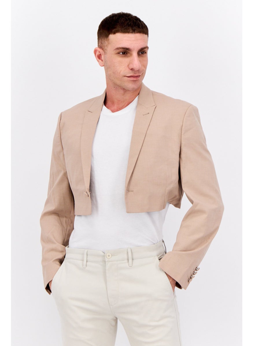 Men Slim Fit Plain Cropped Blazer, Light Brown